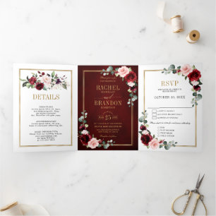 Faire-part Trois Volets Tri de mariage géométrique moderne floral Burgundy