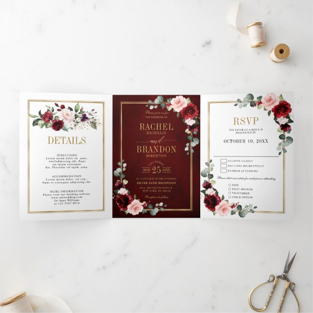 Faire-part Trois Volets Tri de mariage géométrique moderne floral Burgundy (Intérieur)