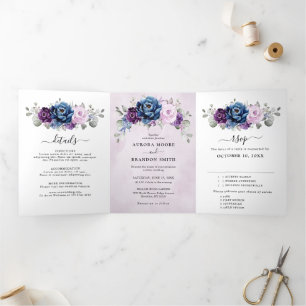 Faire-part Trois Volets Tri-Fo de mariage aux floraisons de lilas Navy ble