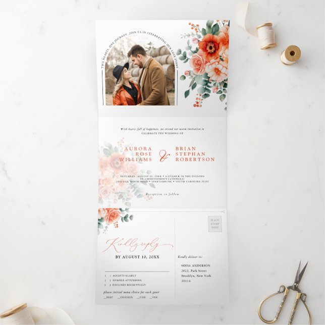Faire-part Trois Volets Verona Sunset Bright Orange Moderne Mariage Floral (Intérieur)