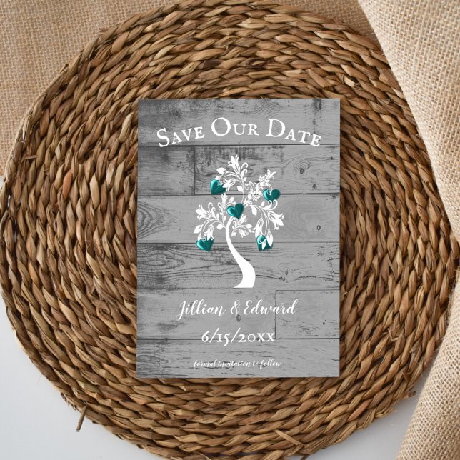 Faire-part Turquoise Arbre des Coeurs Enregistrer la date ann (Teal Tree of Hearts Save the Date)