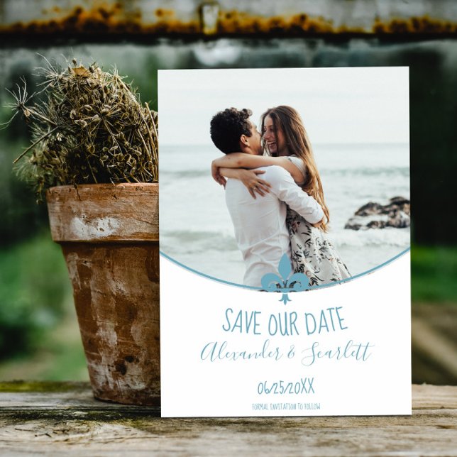 Faire-part Turquoise Fleur de Lis Photo Enregistrer La Date A (Teal Fleur de Lis Photo Save the Date)