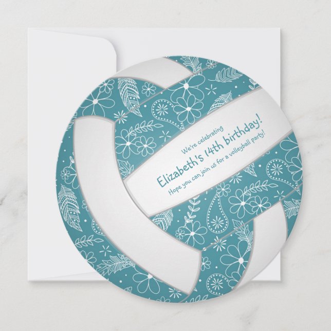 Faire-part turquoise volleyball boho sports filles anniversai (Devant)