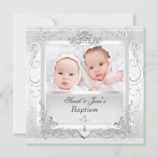 Faire-part Twin Baby Girl Garçon Christening Baptême Blanc
