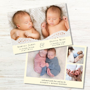 Faire-part Twins minimaux Photo Naissance Jaune