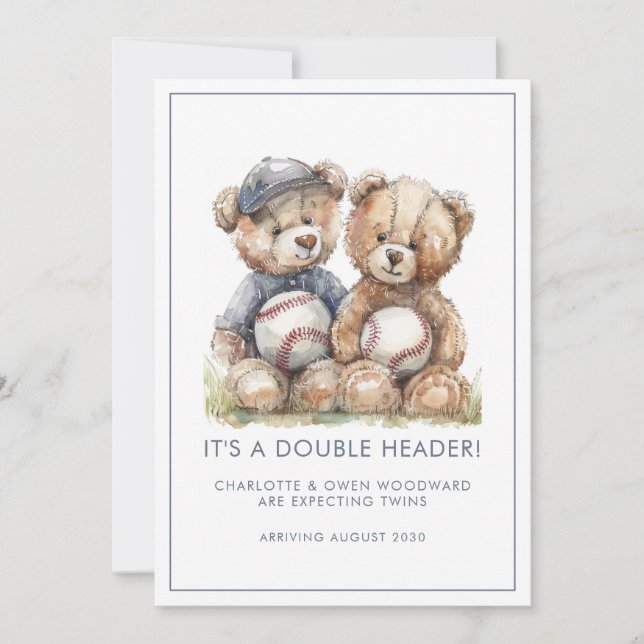 Faire-part Twins Watercolor Teddy Bears Pregnancy (Devant)