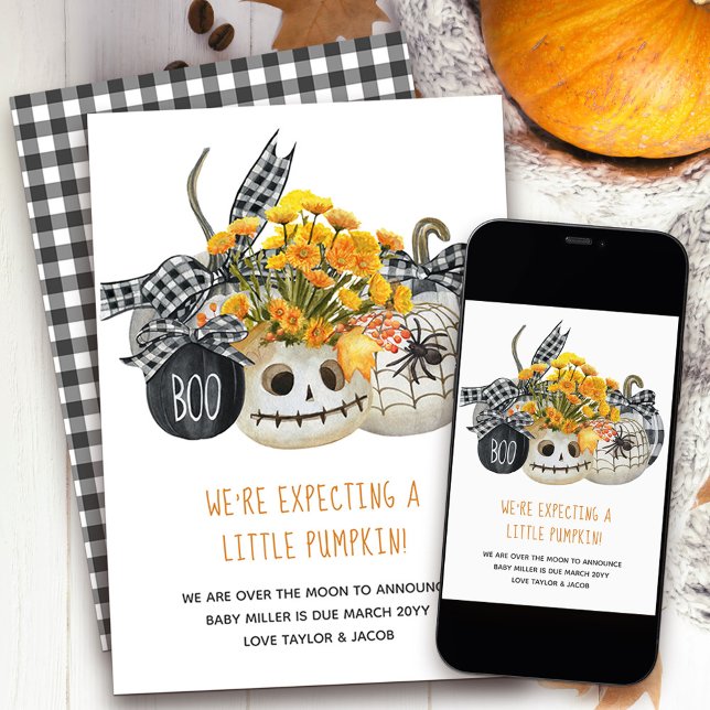 Faire-part Une petite ferme d'Halloween Citrouille (Cute and stylish pregnancy announcement with country farmhouse halloween theme)