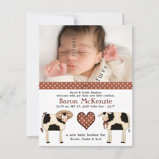 Faire-part Vaches laitières mignonnes Nouveau bébé GARÇON ave (Devant)