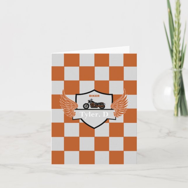 Faire-part Vérificateur orange et gris, bébé moto (Devant)
