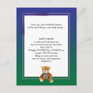 Faire-part vert et bleu de bébé d'ours de nounours