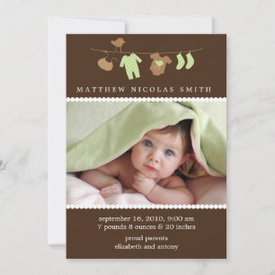 Faire-part Verte Bébé Clothesline annonce de naissance