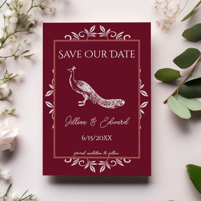 Faire-part Vin Peacock Fleurit Économisez La Date Annonce (Wine Red Peacock Flourish Save the Date)