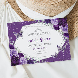 Faire-part Violet Silver Quinceanera Floral Enregistrer la da