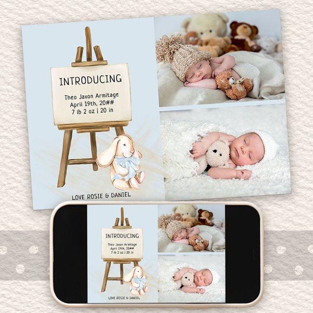 Faire-part Voici Easel et Bunny 2 Photo Baby Boy Birth (Photo Birth Announcement with cute bunny design. Buy printed or as printable digital download)