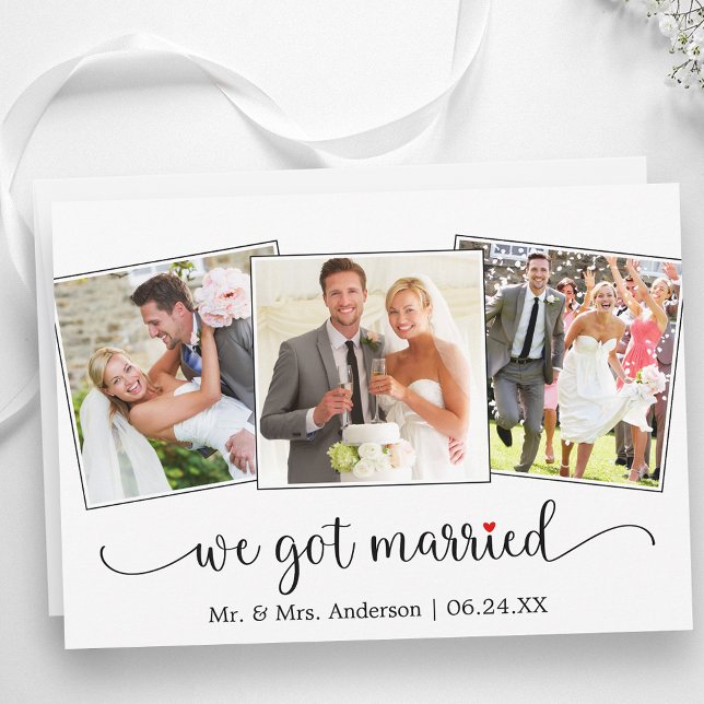 Faire-part We Got Married Calligraphy Red Heart 3 Photo (Customize to change your personalized text size, text style or to add text to back of card.)