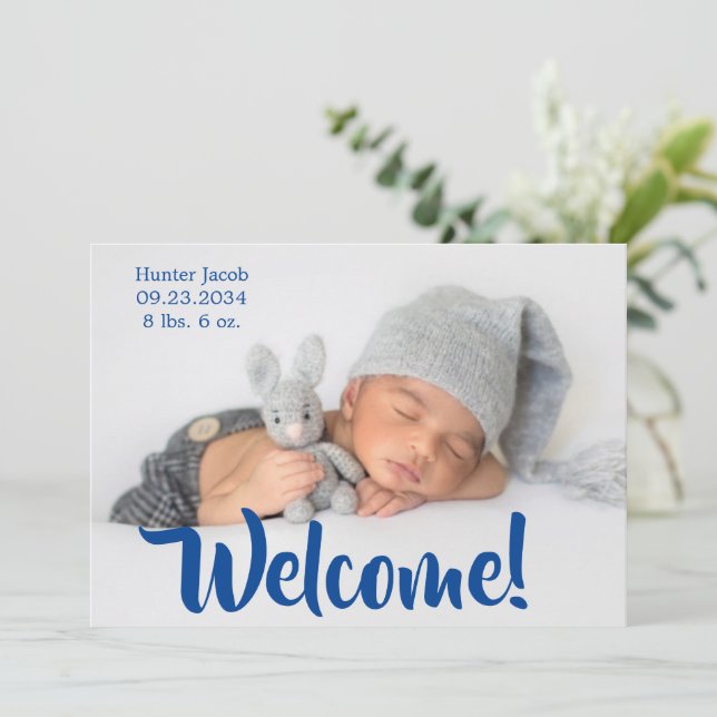 Faire-part Welcome Blue Photo Script Personnaliser la naissan (Debout devant)