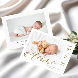 Faire-part Welcome Gold Script Baby Birth Stats & Photo