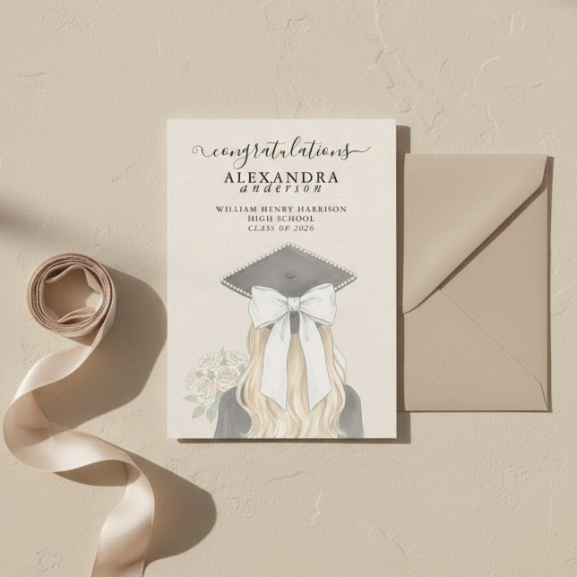 Faire-part Whimsical Calligraphy Graduation Bow Photo (Whimsical Calligraphy Graduation Bow Photo Announcement)