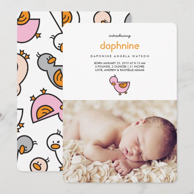 Faire-part Whimsical Cute Ducklings Photo Baby Girl Birth (Devant / Derrière)
