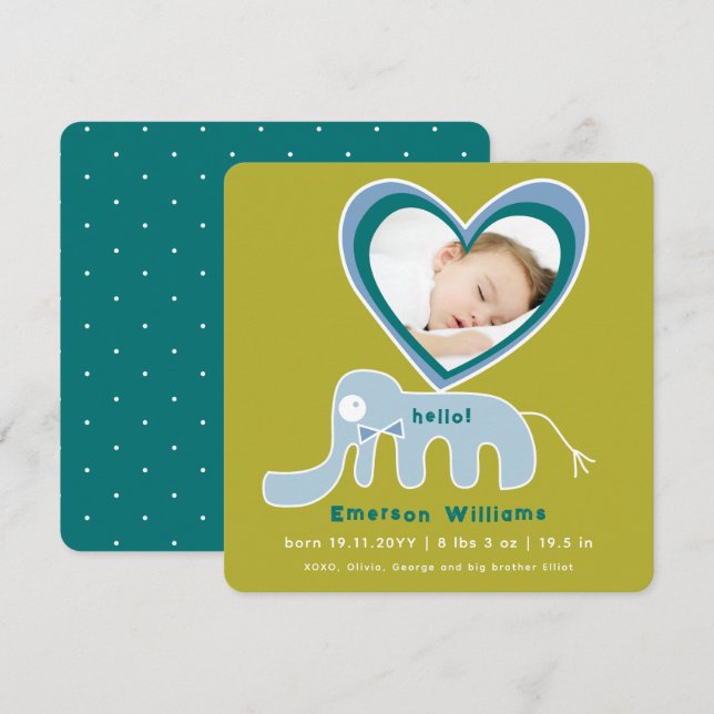 Faire-part Whimsical Love Blue Elephant Photo Baby Boy Birth (Devant / Derrière)