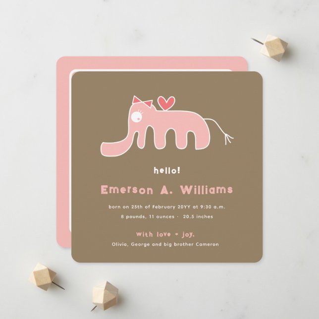 Faire-part Whimsical rose Elephant Love Baby Girl Photo Naiss (Devant/Arrière en situation)