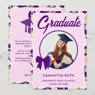 Faire-part Wildflower Purple Gingham Bow Photo Graduation