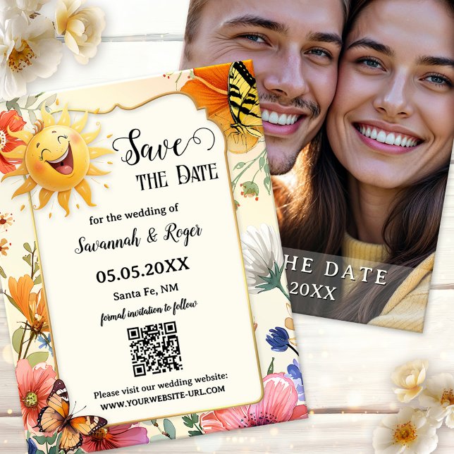 Faire-part Wildflower Spring Photo Save the Date (Save the Date card featuring a whimsical watercolor wildflower design with laughing sun. Plus photo)