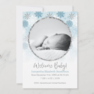Faire-part Winter Blue & Silver Snowflake Baby Birth Annonce
