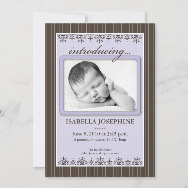 Faire Rayure de Lilac 5x7" Faire-part de naissance (Devant)