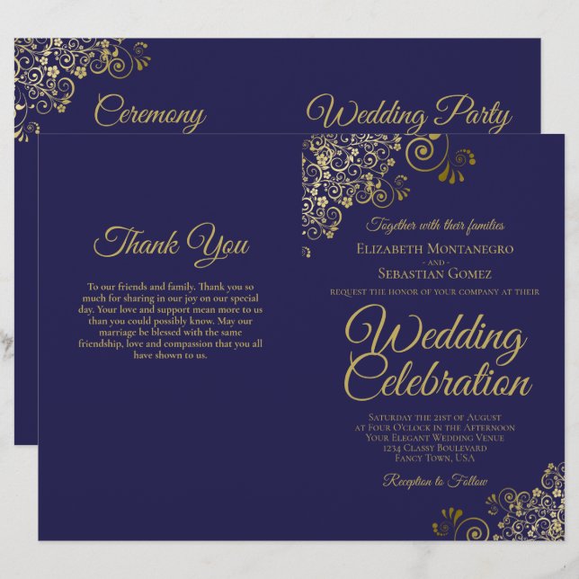 Faire soi-même Navy & Or Programme de Mariage Invi (Devant / Derrière)