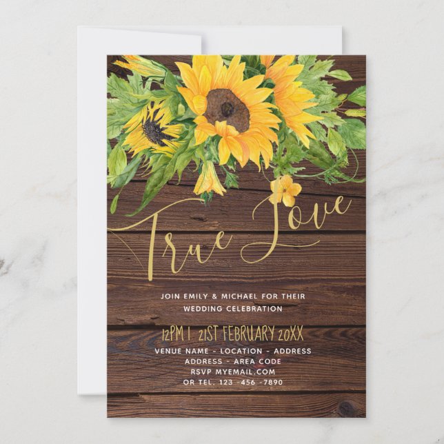 Fairepart de mariage en bois de tournesols rustiqu (Devant)