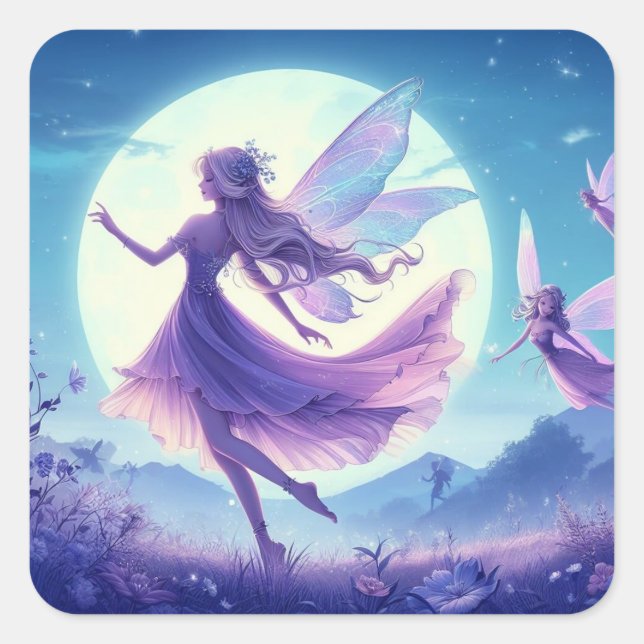 Fairies dancing in a moonlit meadow. square sticker (Front)