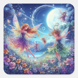 Fairies dancing in a moonlit meadow. square sticker