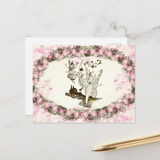 Fairies Dancing Vintage Flowers Postcard (Front/Back In Situ)