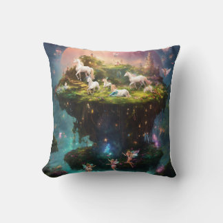 Fairies evolve on a floating island with unicorns throw pillow