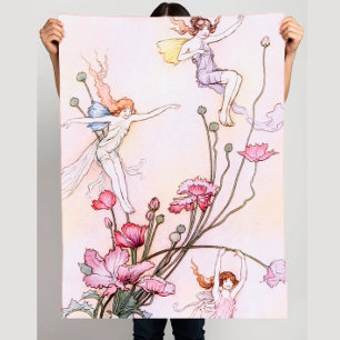 Fairies Flowers Vintage Watercolor Fleece Blanket
