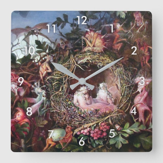 Fairies in a Birds Nest, John Anster Fitzgerald Square Wall Clock (Front)