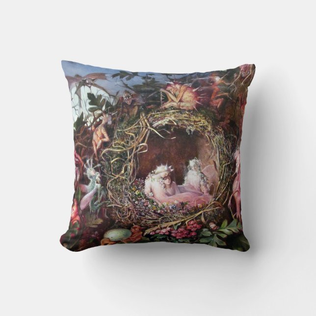Fairies in a Birds Nest, John Anster Fitzgerald Throw Pillow (Front)