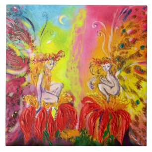 FAIRIES OF DAWN WITH RED FLOWERS Fantasy Tile