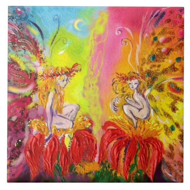 FAIRIES OF DAWN WITH RED FLOWERS Fantasy Tile (Front)