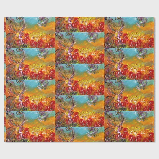 FAIRIES OF RED FLOWERS Floral Fantasy Wrapping Paper (Flat)