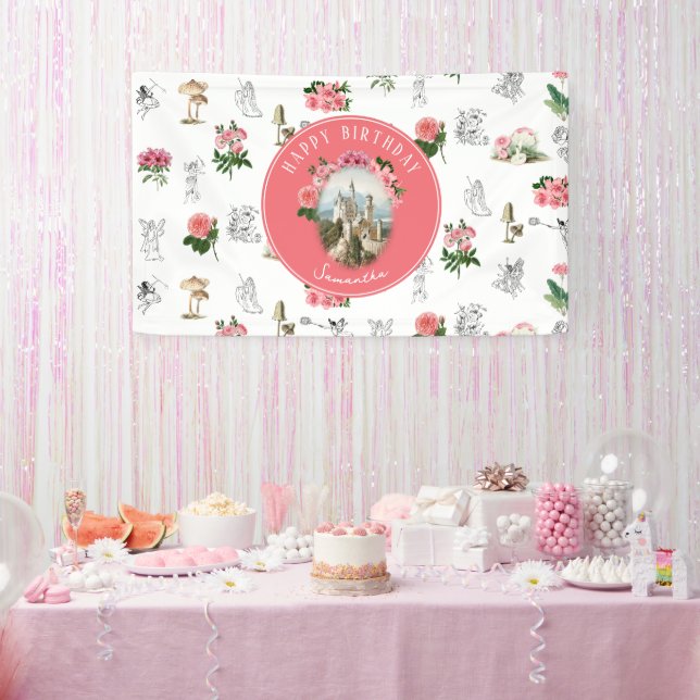 Fairies Pink Floral Mushroom Fairy Castle Birthday Banner (Party)