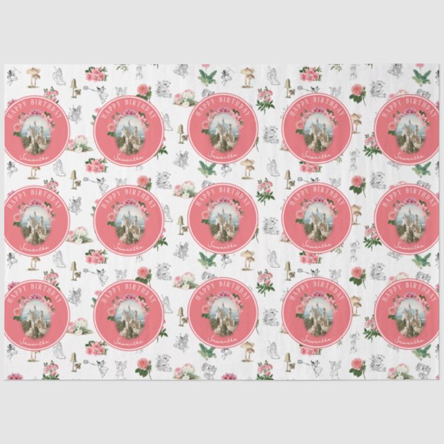 Fairies Pink Floral Mushroom Fairy Castle Birthday Tissue Paper (Front)