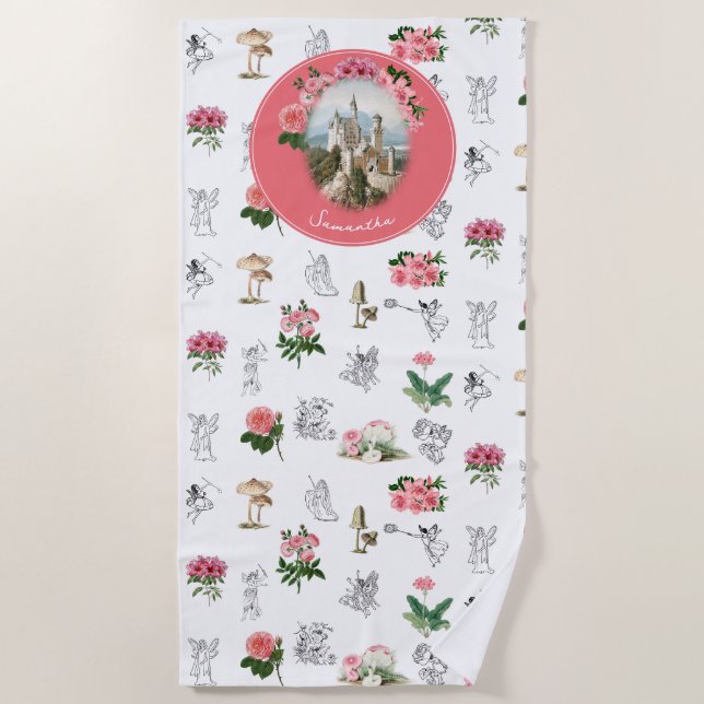 Fairies Pink Floral Mushroom Fairy Castle Monogram Beach Towel (Front)