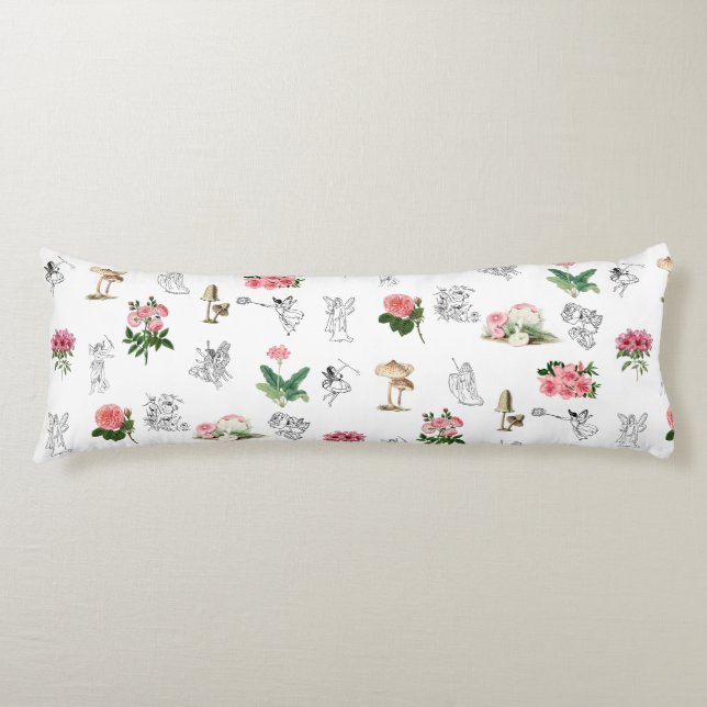 Fairies Pink Floral & Mushroom Fairy Pattern Body Pillow (Front)