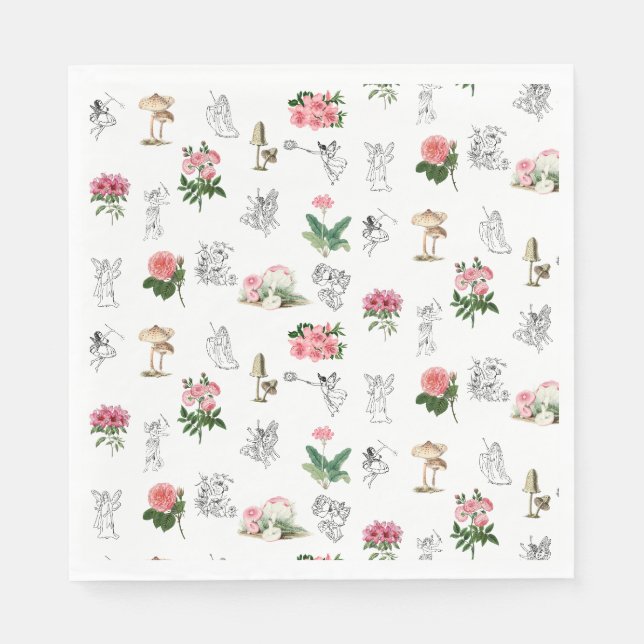 Fairies Pink Floral & Mushroom Fairy Pattern Napkin (Front)