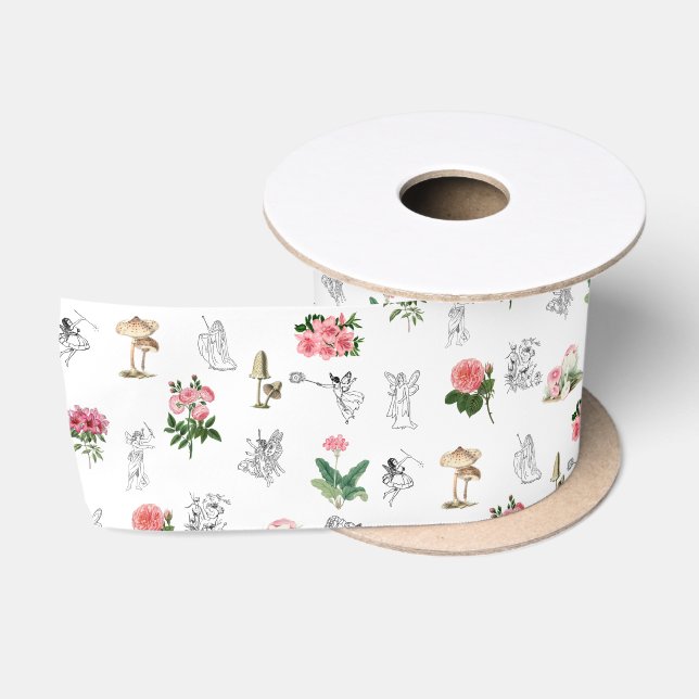 Fairies Pink Floral & Mushroom Fairy Pattern Satin Ribbon (Spool)