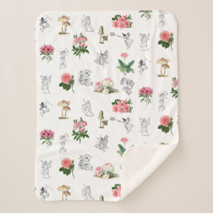 Fairies Pink Floral & Mushroom Fairy Pattern Sherpa Blanket
