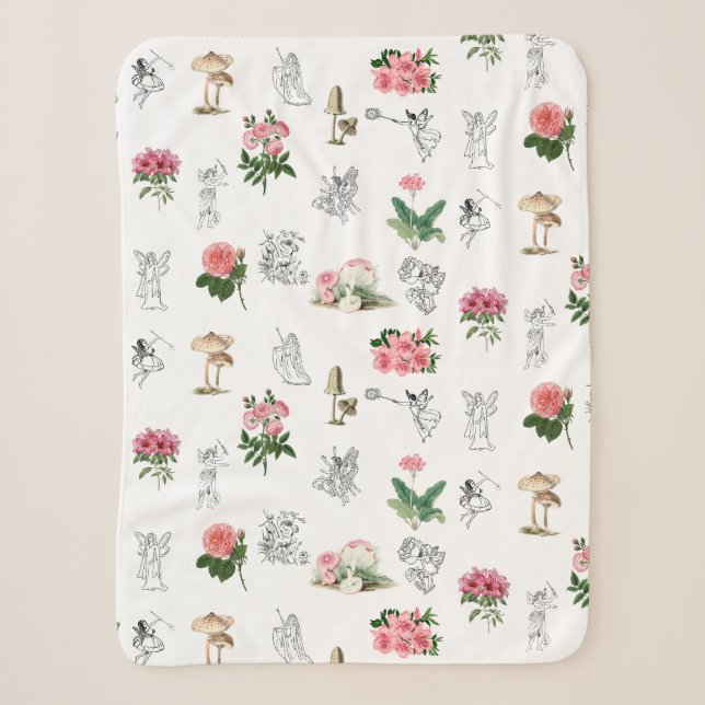 Fairies Pink Floral & Mushroom Fairy Pattern Sherpa Blanket (Front)
