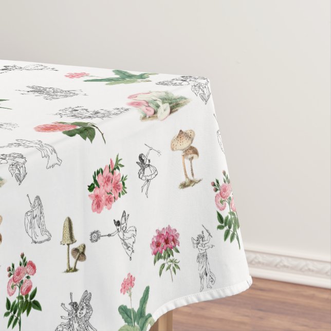 Fairies Pink Floral & Mushroom Fairy Pattern Tablecloth (In Situ)